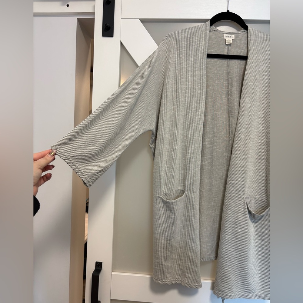 DONNI- Gray Ribbed Open Front Fall Cardigan Sweater One Size - Picture 5 of 6